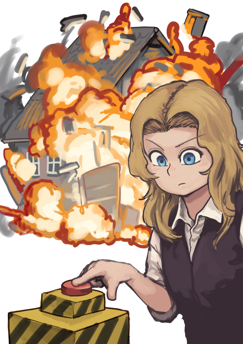 1girl, absurdres, black_vest, blonde_hair, blue_eyes, chanta_(ayatakaoisii), collared_shirt, explosion