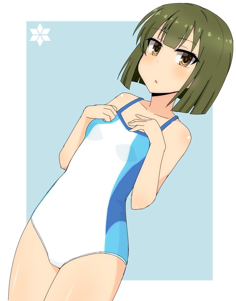 1girl, ban_tsugumi, bangs, blush, breasts, eyebrows_visible_through_hair, green_hair, junes, one-piece_swimsuit, parted_lips, short_hair, simple_background, small_breasts, solo, swimsuit, toji_no_miko, two-tone_background, yellow_eyes