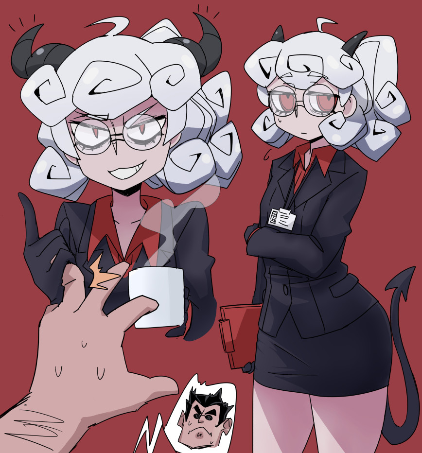 1boy, 1girl, ahoge, bangs, black_gloves, black_jacket, black_skirt, cup