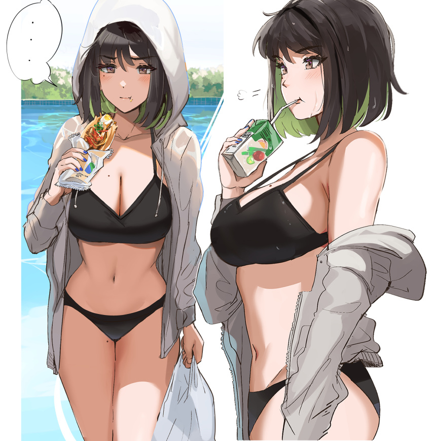 ..., 1girl, bag, bangs, bikini, black_bikini, black_hair, breasts, brown_eyes, closed_mouth, clothes_down, colored_inner_hair, drink, drinking, eating, eyebrows_visible_through_hair, food, food_on_face, from_side, green_hair, highres, holding, holding_bag, holding_drink, holding_food, hood, hoodie, juice_box, large_breasts, looking_at_viewer, miru_(ormille), mole, mole_on_breast, mole_on_thigh, multicolored_hair, multiple_views, navel, original, ormille, plastic_bag, pool, short_hair, speech_bubble, strap_gap, streaked_hair, sweatshirt, swimsuit, two-tone_hair, water, yakisobapan