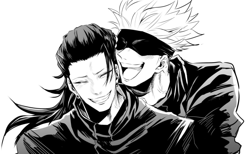 2boys, :d, ^_^, bangs, blindfold, closed_eyes, covered_eyes, ear_piercing, gab_nigntjj449, getou_suguru, gojou_satoru, greyscale, grin, hair_pulled_back, highres, jacket, jujutsu_kaisen, long_hair, monochrome, multiple_boys, open_mouth, piercing, short_hair, simple_background, smile, upper_body