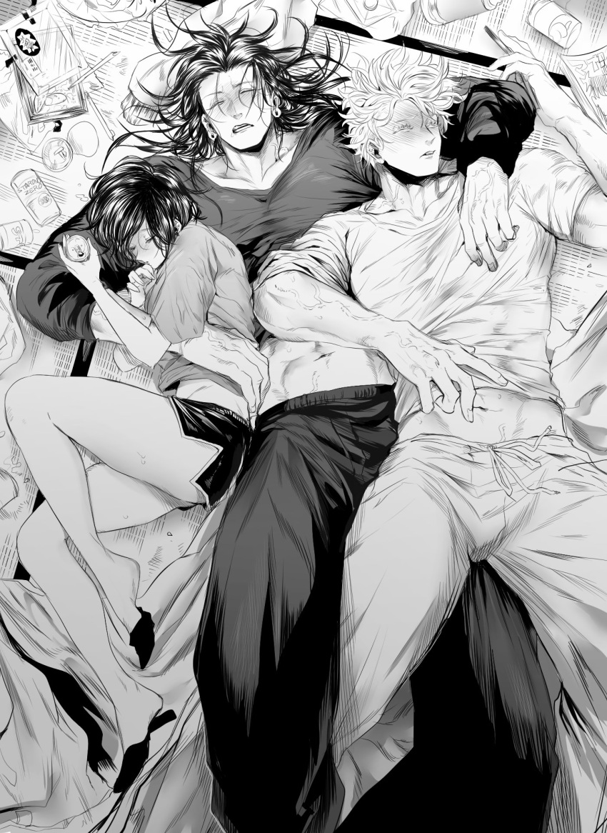 1girl, 2boys, abs, bangs, beer_can, can, cellphone, closed_eyes, closed_mouth, clothes_lift, collarbone, dolphin_shorts, ear_piercing, feet_out_of_frame, food, full_body, gab_nigntjj449, getou_suguru, gojou_satoru, greyscale, highres, holding, holding_can, holding_phone, ieiri_shoko, jujutsu_kaisen, long_hair, long_sleeves, messy_hair, messy_room, monochrome, multiple_boys, open_mouth, pants, phone, piercing, shirt, shirt_lift, short_hair, short_shorts, short_sleeves, shorts, sleeping