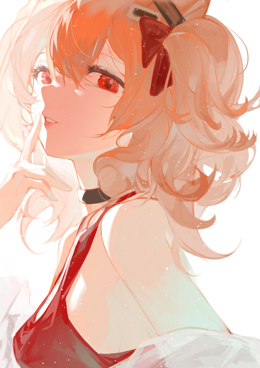 1girl, absurdres, angelina_(arknights), angelina_(summer_flowers)_(arknights), arknights, bare_shoulders, black_choker, bow