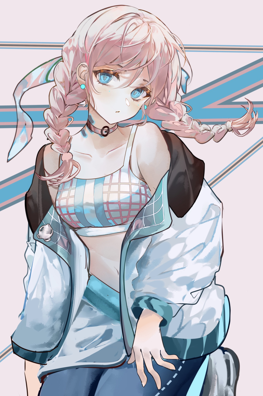 1girl, absurdres, arknights, blue_eyes, blue_pants, blue_poison_(arknights), blue_poison_(shoal_beat)_(arknights), braid