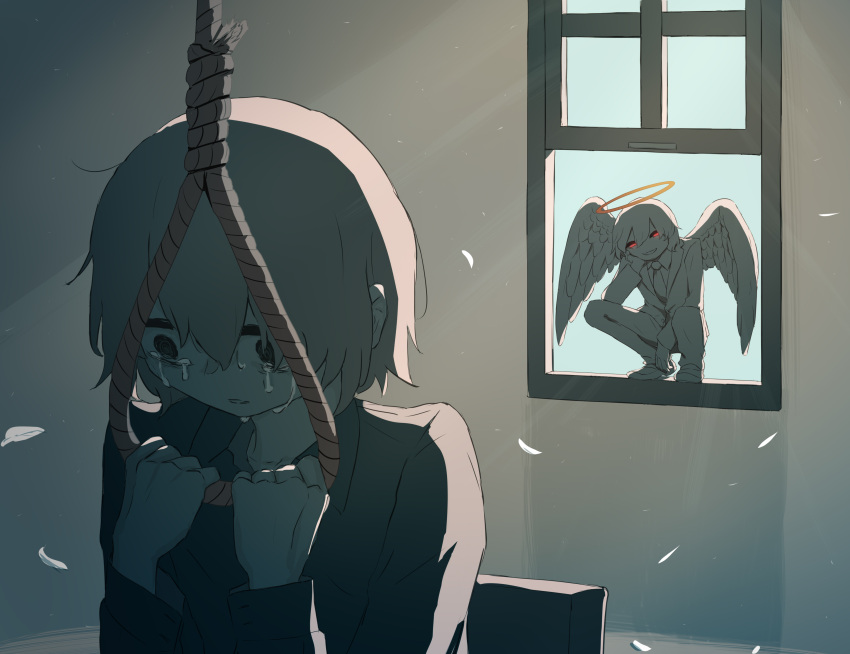 @_@, absurdres, angel, angel_wings, avogado6, black_eyes, black_hair, black_shirt