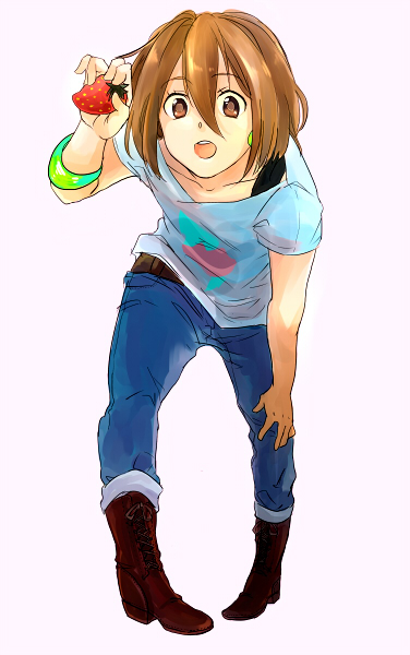 brown_eyes, brown_hair, casual, food, fruit, hino_(gonta523), hirasawa_yui, holding