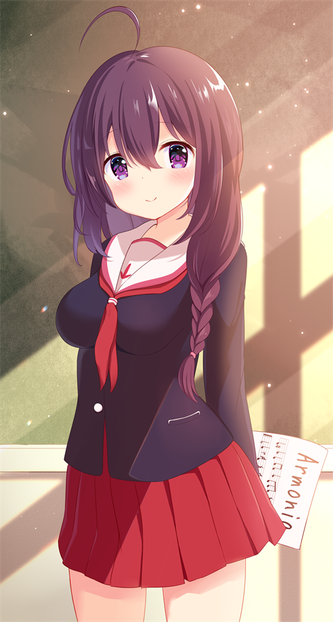 1girl, ahoge, arms_behind_back, blush, braid, brown_hair, chalkboard, looking_at_viewer