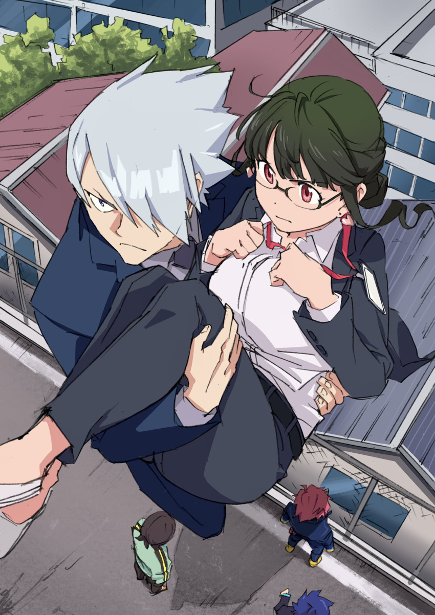 1girl, 4boys, anosillus_ii, anti_(ssss.gridman), arai_hiroki, asanaka_yomogi, blue_eyes, carrying_person