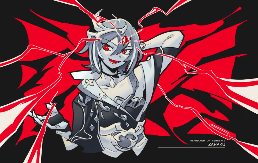 1girl, arms_behind_head, bangs, black_background, black_hair, evil_smile, fu_hua, fu_hua_(herrscher_of_sentience)
