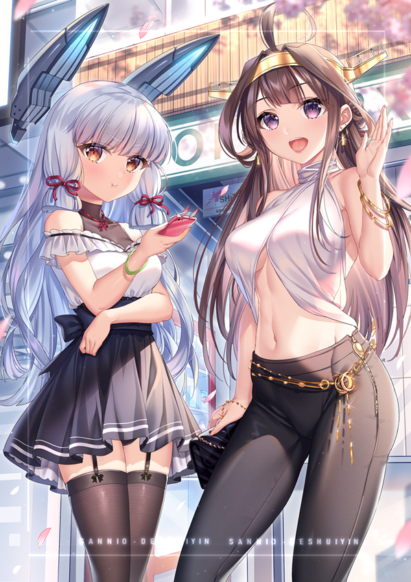 2girls, :d, ahoge, alternate_costume, bangle, bare_arms, bare_shoulders, black_pants