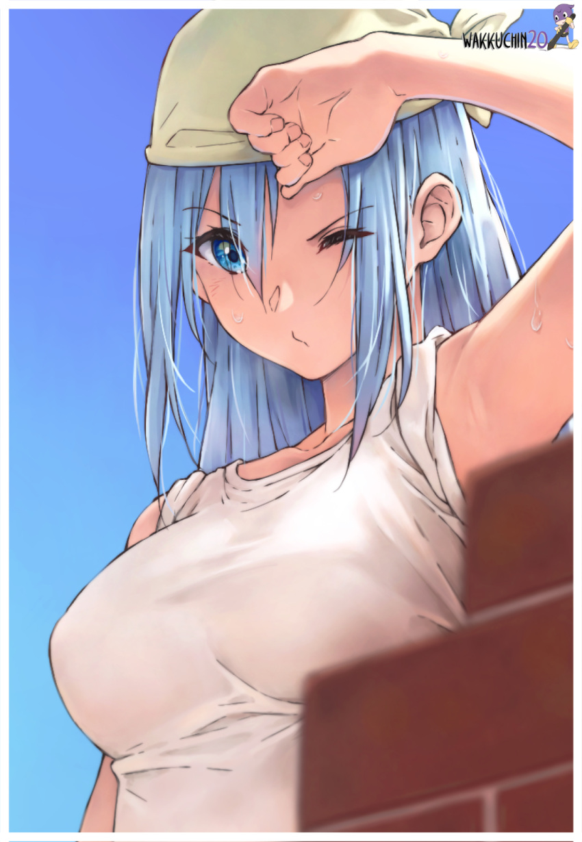 1girl, aqua_(konosuba), armpits, artist_name, bangs, blue_eyes, blue_hair, blurry