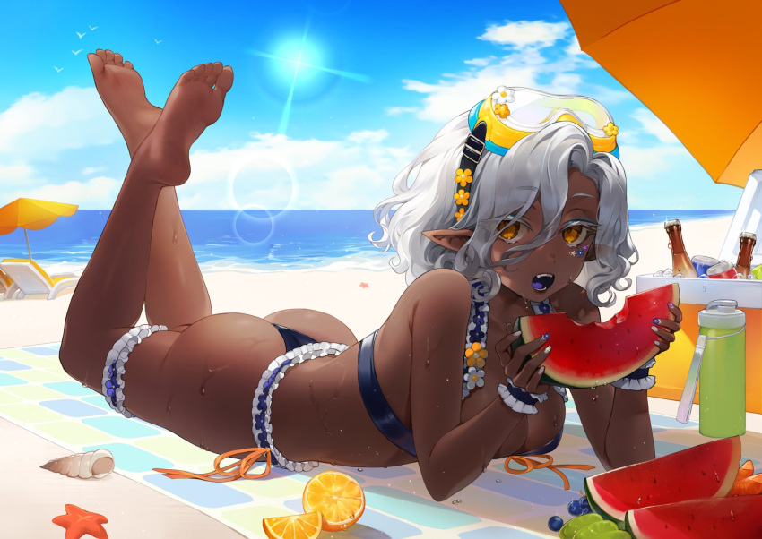 1girl, beach, callais_de_castellane, cao_hong_anh, dark-skinned_female, dark_skin, eating, elf