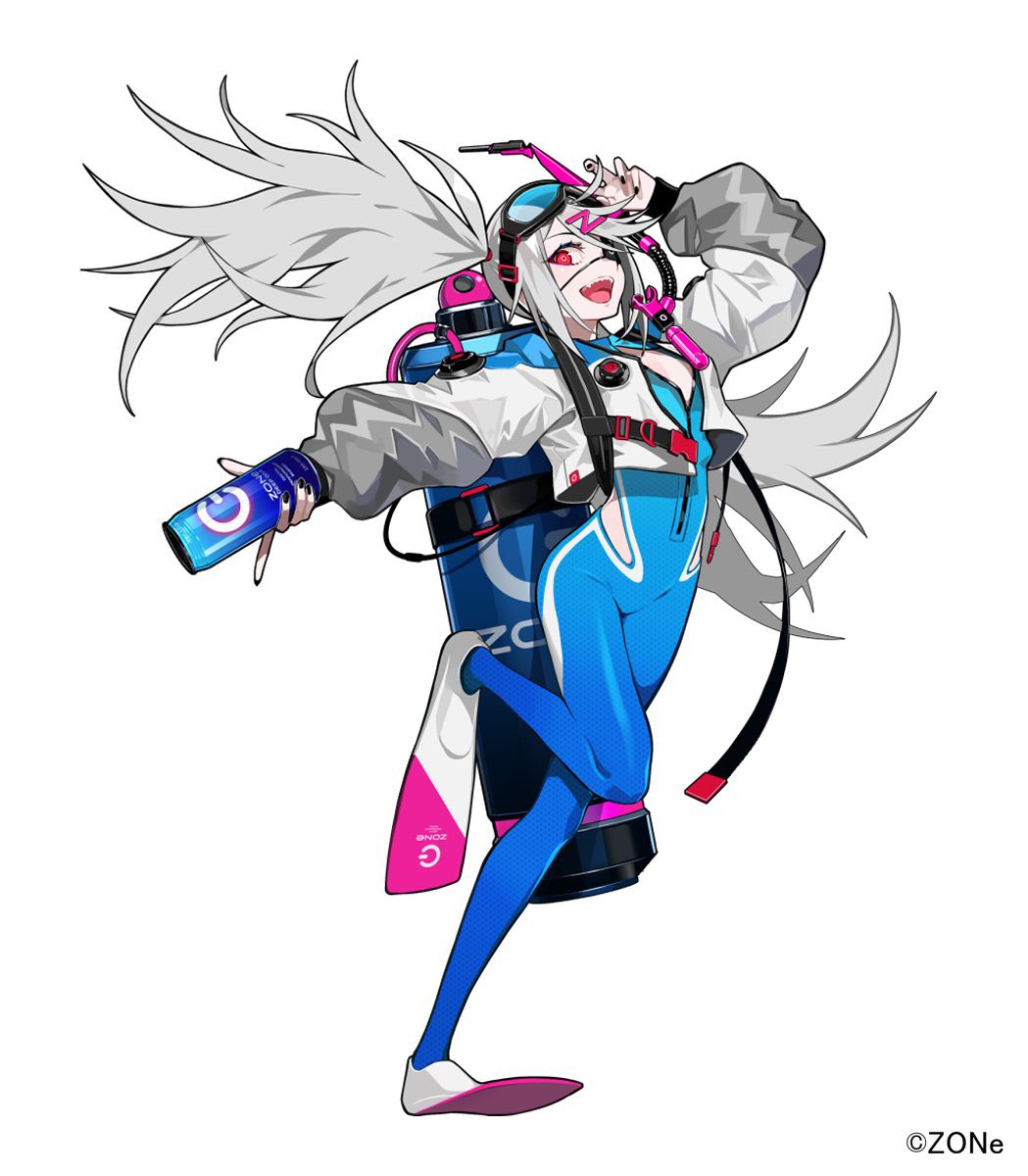 1girl, black_eyepatch, can, dive_to_zone, energy_drink, eyepatch, full_body, goggles