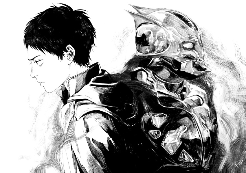 2boys, akamichi_ren, back-to-back, black_hair, blank_eyes, closed_mouth, conechuce_10, desast