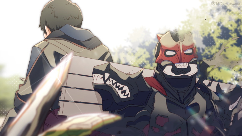 1010_mumumu, 2boys, akamichi_ren, ashes, back-to-back, bench, black_hair, blank_eyes, blurry, chromatic_aberration, commentary_request, depth_of_field, desast, highres, kamen_rider, kamen_rider_saber_(series), looking_away, monster, multiple_boys, sitting, spoilers, sword, tree, weapon