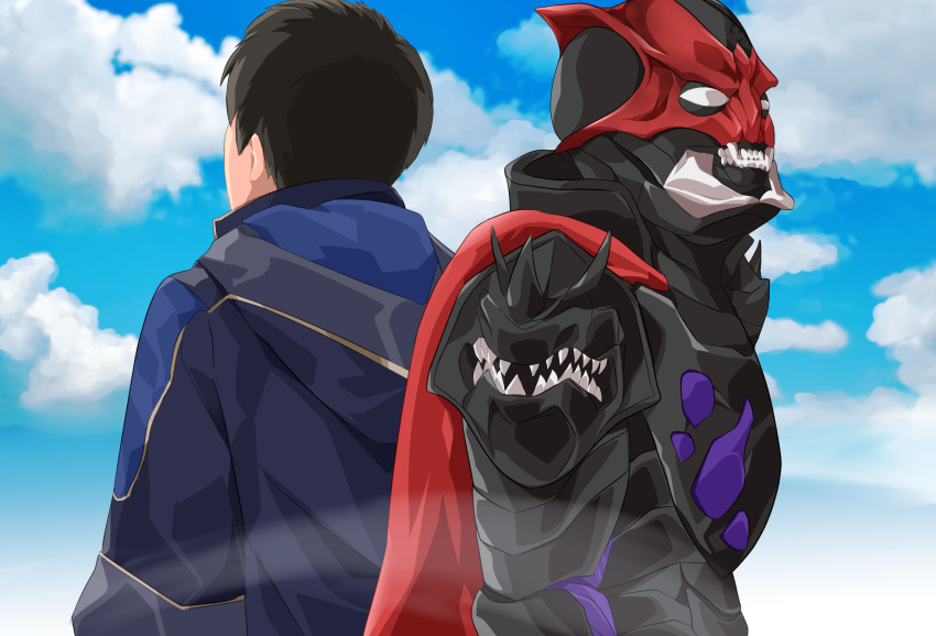 2boys, akamichi_ren, back-to-back, black_hair, blank_eyes, clouds, cloudy_sky, desast, fangs, highres, hood, hoodie, kamen_rider, kamen_rider_saber_(series), looking_away, mask, miyabi_(037), monster, multiple_boys, red_scarf, scarf, sky, spoilers, tokusatsu, upper_body
