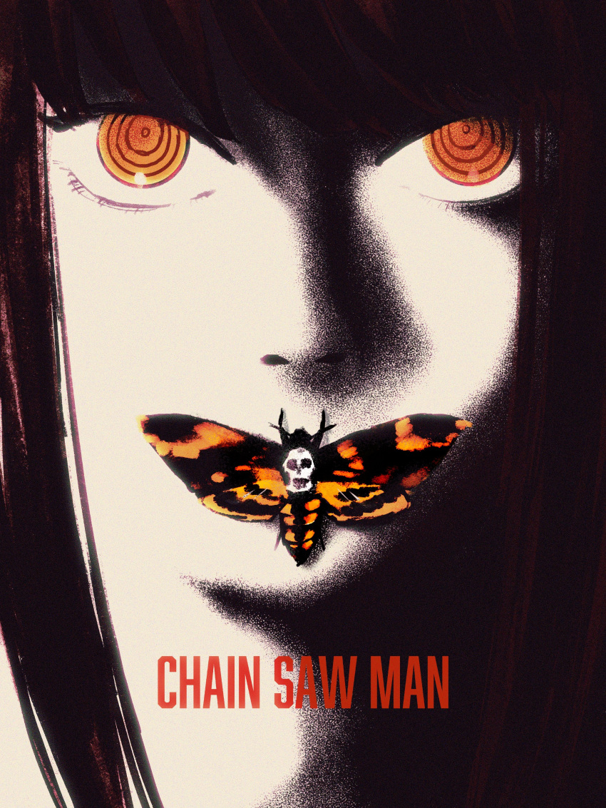 1girl, absurdres, bug, chainsaw_man, close-up, commentary, copyright_name, highres, insect, makima_(chainsaw_man), moth, movie_poster, mrns_d, orange_eyes, parody, partially_colored, red_eyes, skull, solo, the_silence_of_the_lambs