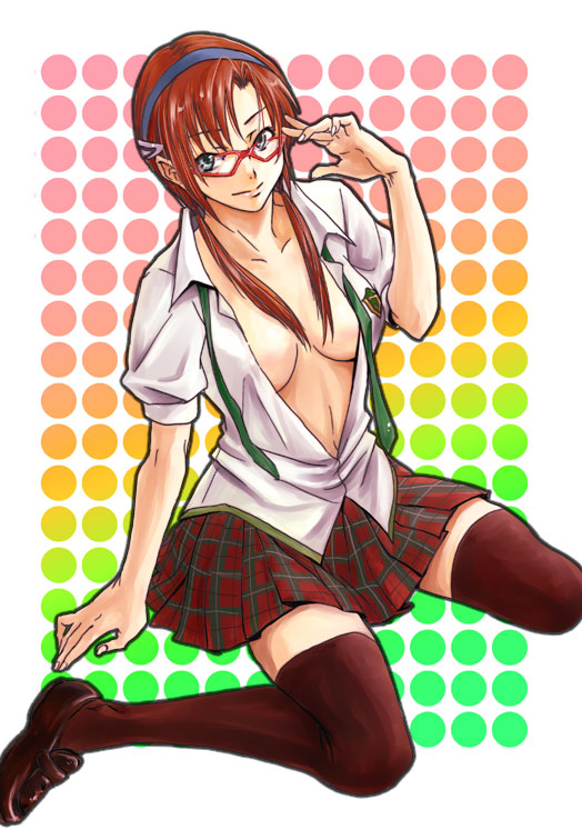 brown_hair, center_opening, evangelion:_2.0_you_can_(not)_advance, glasses, hairband, legs, long_hair, makinami_mari_illustrious
