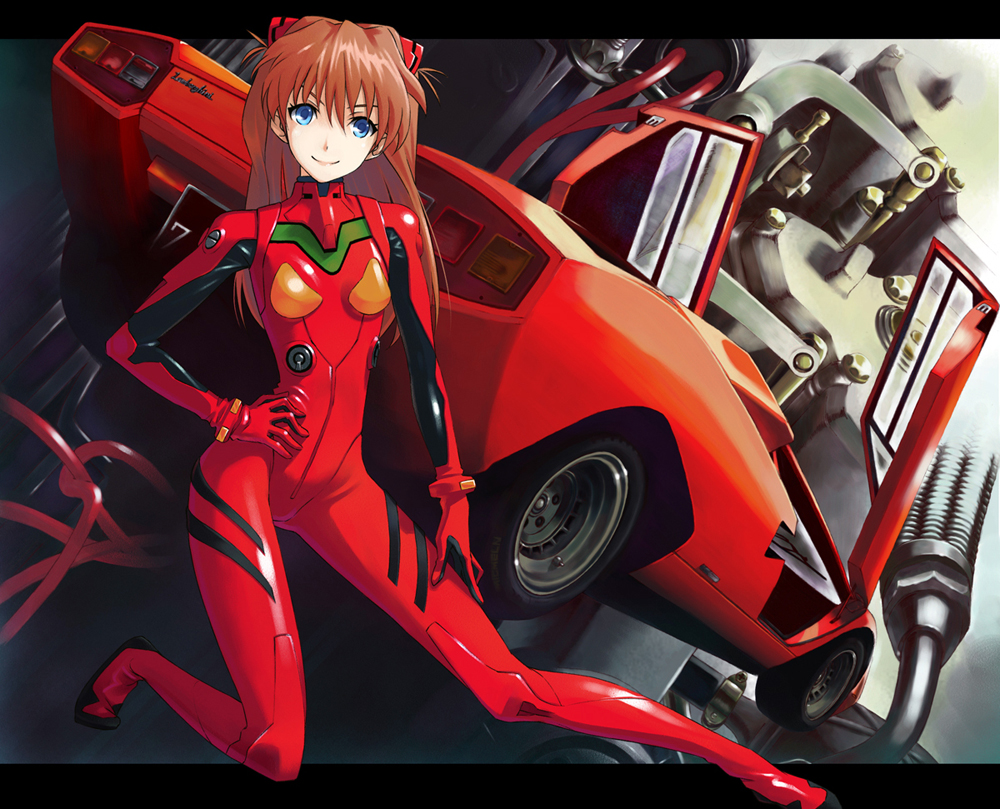 blue_eyes, brown_hair, car, derivative_work, engine, lamborghini, lamborghini_countach, long_hair
