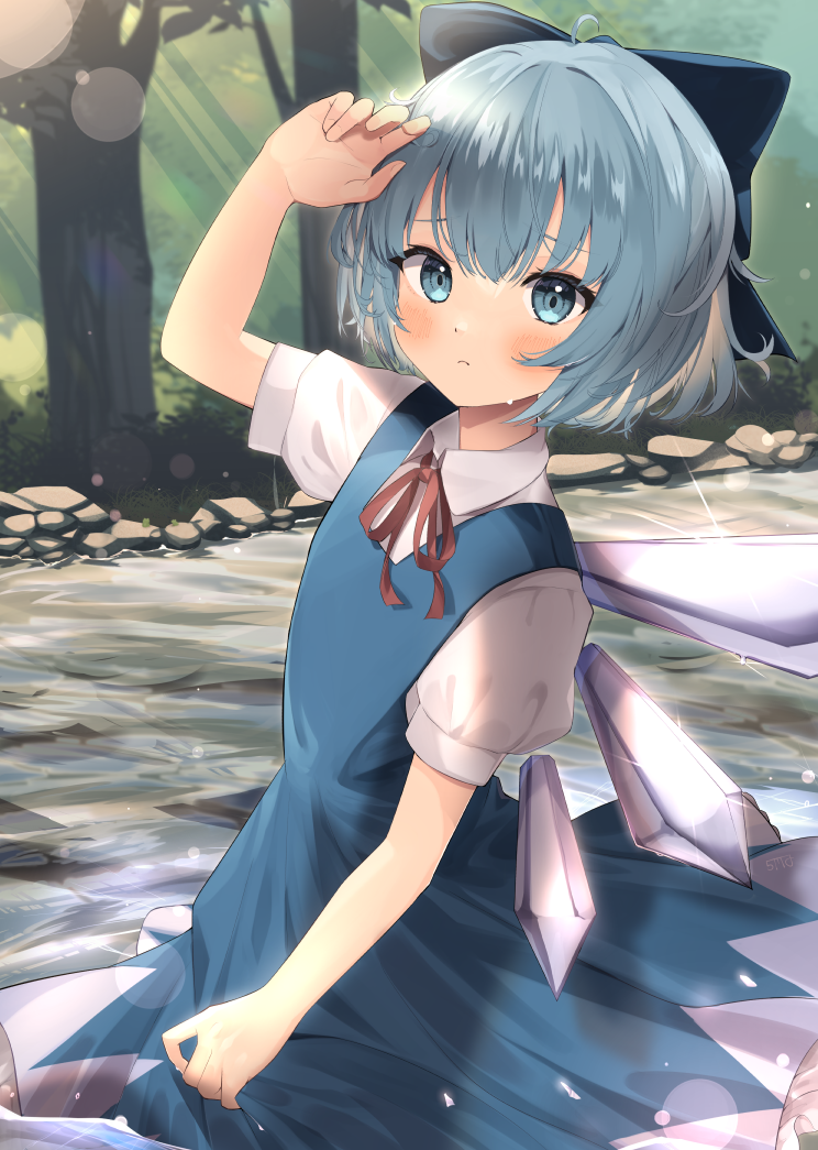 1girl, ahoge, bangs, blue_bow, blue_dress, blue_eyes, blue_hair, blurry