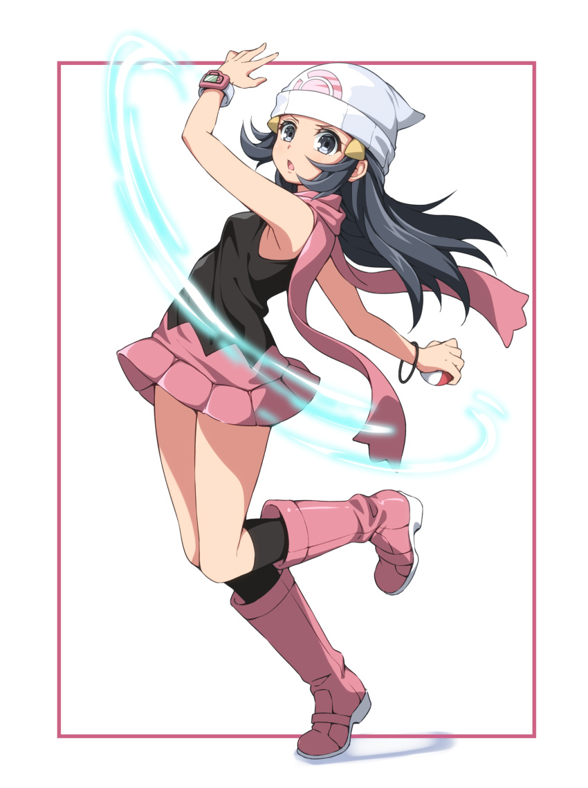 1girl, arm_up, beanie, black_hair, black_legwear, boots, bracelet, commentary_request