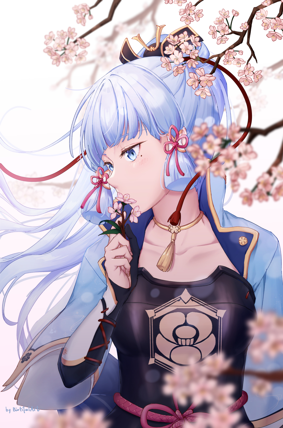 1girl, armor, ayaka_(genshin_impact), bio_tiful, black_gloves, blue_eyes, cherry_blossoms, flower