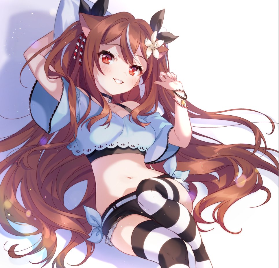 1girl, bangs, black_choker, blue_shirt, brown_eyes, brown_hair, choker, floppy_ears, flower, hair_flower, hair_ornament, indie_virtual_youtuber, lilya_kyomi_(fiwivt), long_hair, micro_shorts, multicolored_hair, nail, nokachoco114, off-shoulder_shirt, off_shoulder, ribbon, shirt, shorts, solo, streaked_hair, striped, striped_legwear, undershirt, virtual_youtuber