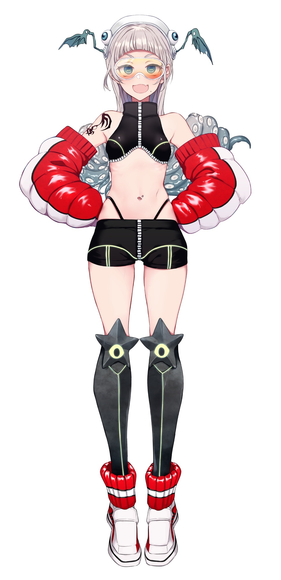 1girl, :d, ankle_boots, bangs, bare_shoulders, black_shorts, blue_eyes, blunt_bangs