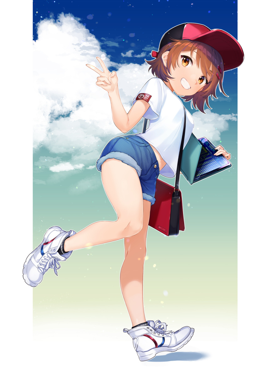 1girl, bag, bangs, baseball_cap, brown_eyes, brown_hair, full_body, hair_ornament