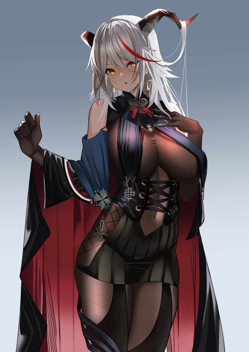 1girl, absurdres, aegir_(azur_lane), azur_lane, black_cloak, black_dress, black_gloves, black_legwear