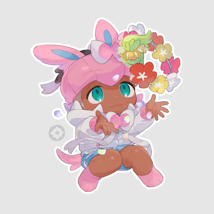 1boy, blue_shorts, blush, closed_mouth, comfey, cosplay, gen_6_pokemon, gen_7_pokemon