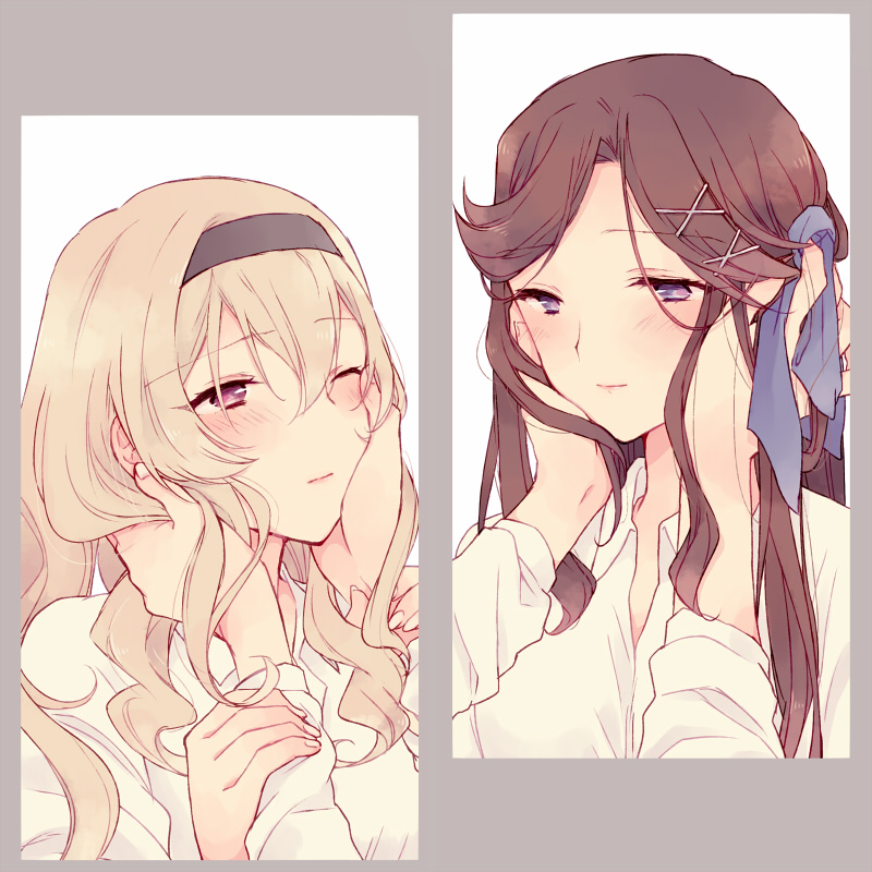 2girls, bangs, black_hairband, blonde_hair, blue_ribbon, blush, brown_hair, closed_mouth