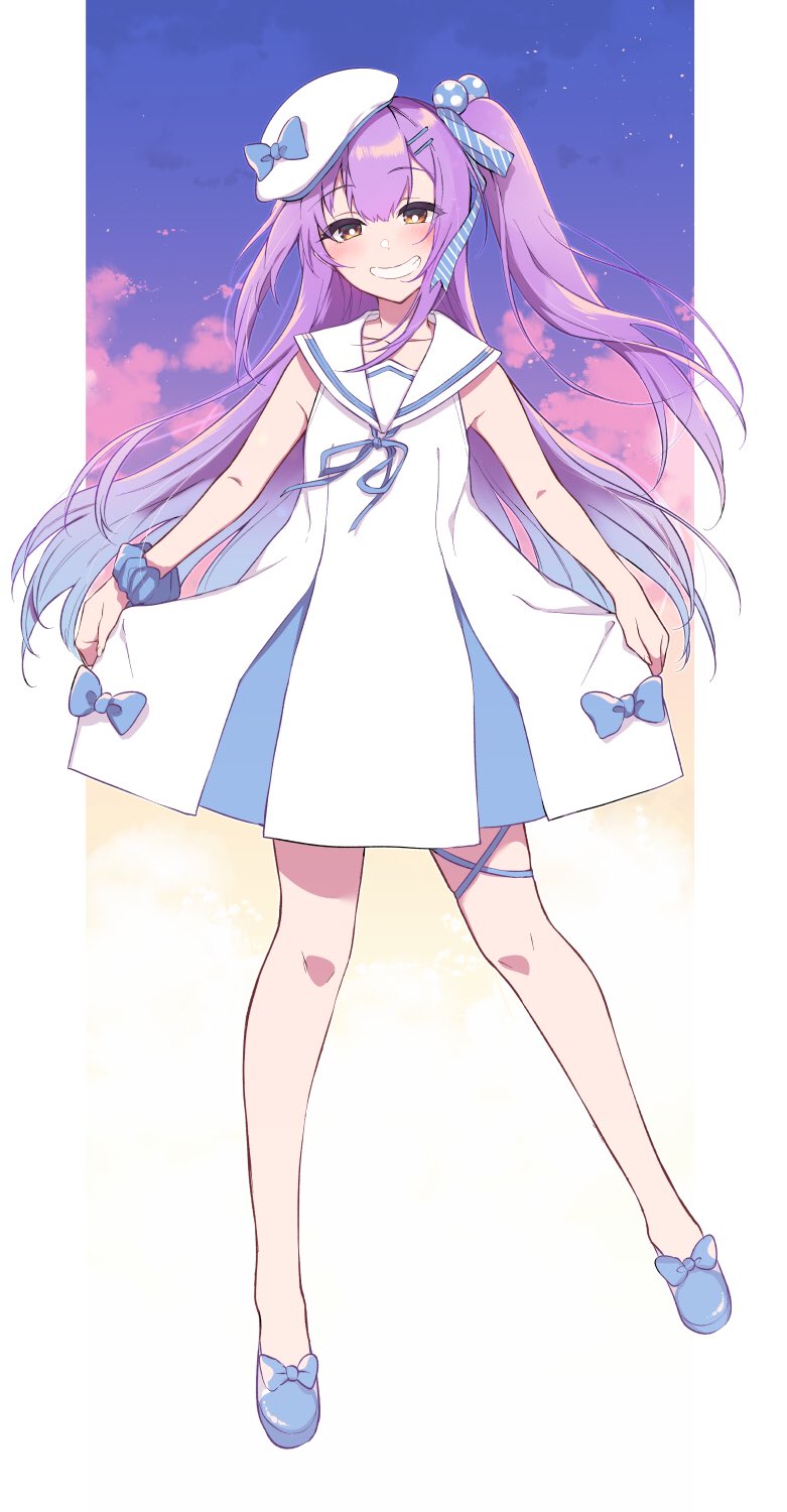 1girl, anzu_channel, blue_bow, blue_footwear, blush, bow, bright_pupils, brown_eyes, dress, eyebrows_visible_through_hair, full_body, grin, hair_ornament, hairclip, hat, hat_bow, highres, hinomori_anzu, long_hair, looking_at_viewer, one_side_up, pochi_(pochi-goya), purple_hair, sailor_collar, sailor_dress, scrunchie, shoes, smile, solo, very_long_hair, white_dress, white_headwear, white_pupils, white_sailor_collar, wrist_scrunchie