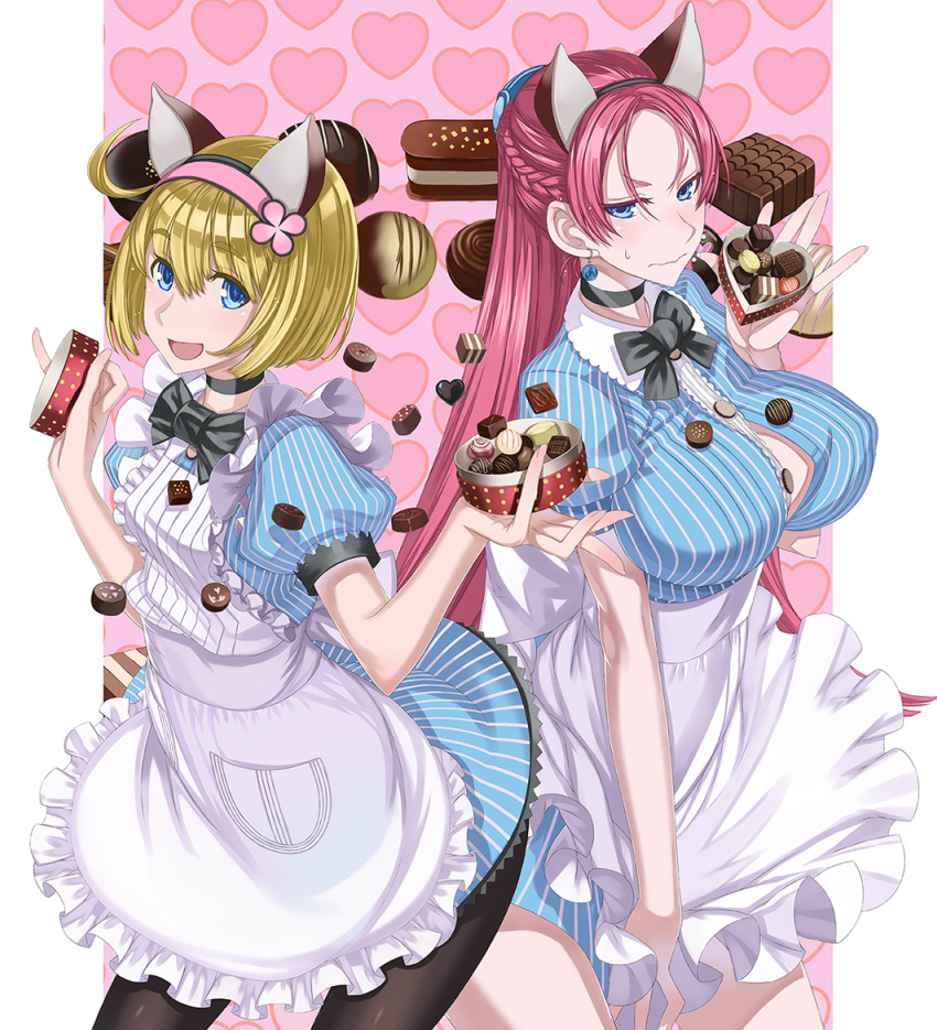 2girls, :d, ahoge, animal_ears, apron, black_choker, blonde_hair, blue_eyes