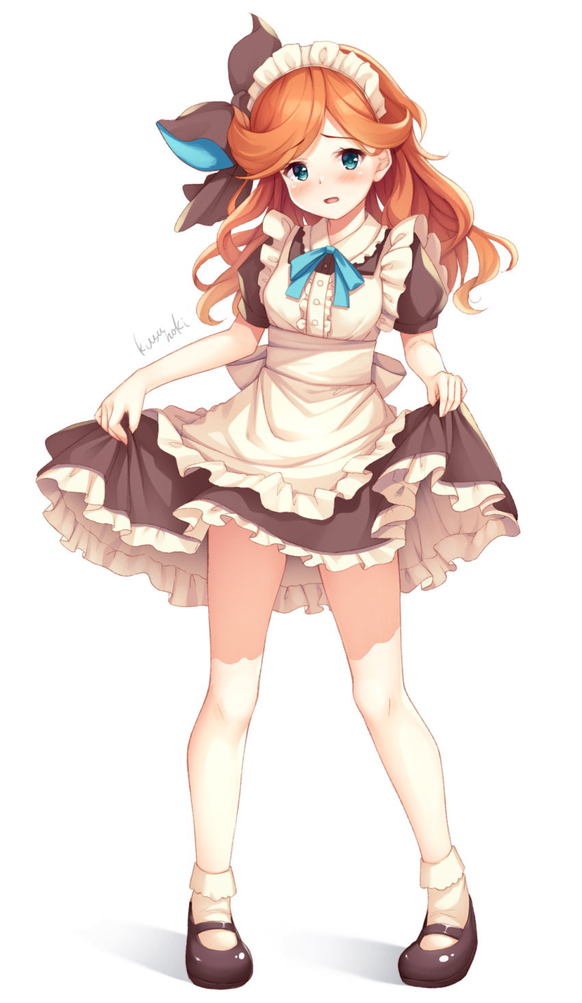 1girl, alternate_costume, apron, bangs, black_dress, black_footwear, black_ribbon, blue_eyes