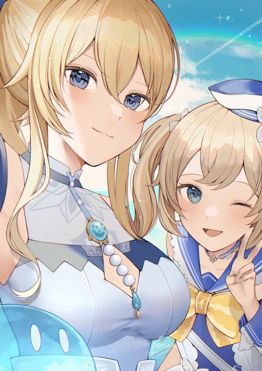 2girls, barbara_(genshin_impact), barbara_(summertime_sparkle)_(genshin_impact), bare_shoulders, blonde_hair, blouse, blue_blouse, blue_eyes, blue_sky, blush, bow, breasts, choker, genshin_impact, hat, highres, jean_(genshin_impact), jean_(sea_breeze_dandelion)_(genshin_impact), long_sleeves, looking_at_viewer, medium_breasts, multiple_girls, nerua, one_eye_closed, open_mouth, ponytail, sailor_collar, sailor_hat, siblings, sisters, sky, slime_(genshin_impact), smile, swimsuit, twintails, upper_body, v, yellow_bow