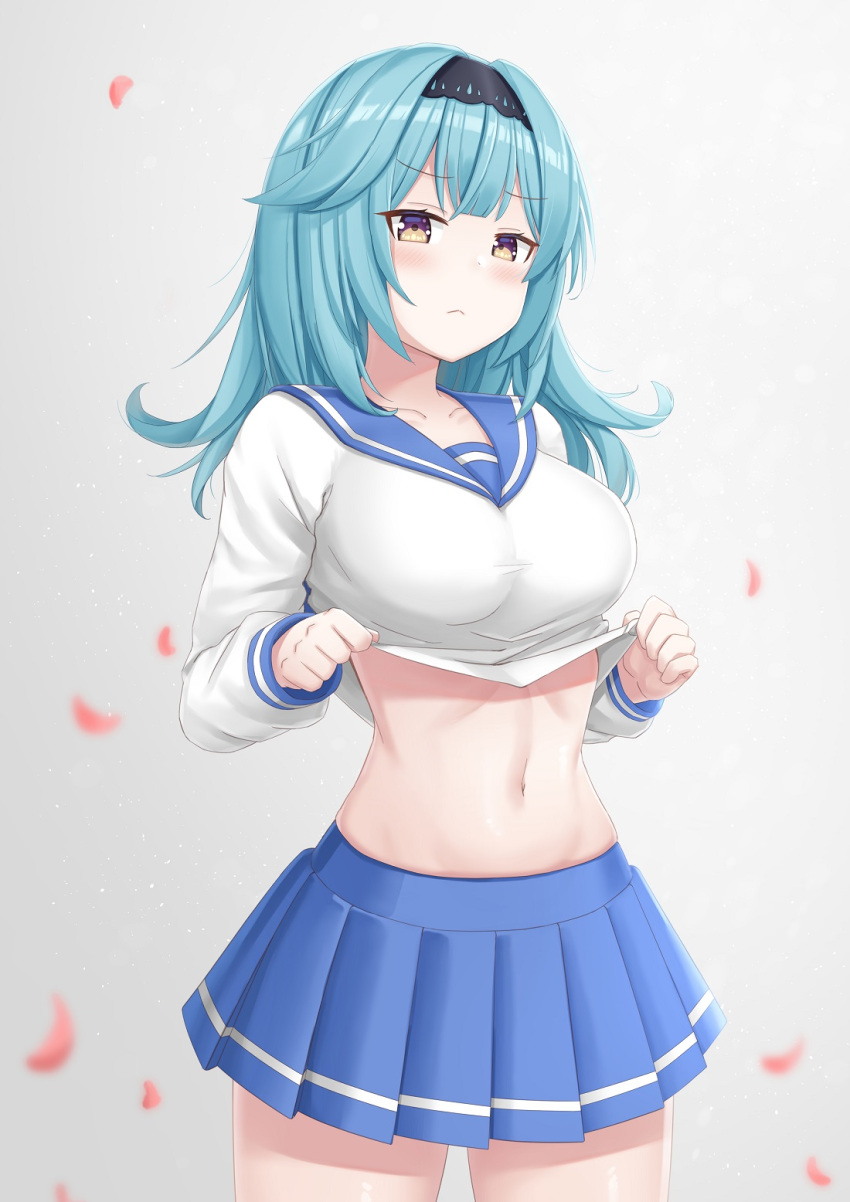 1girl, blue_hair, blush, breasts, clothes_lift, cowboy_shot, eula_(genshin_impact), genshin_impact, hairband, half-closed_eyes, highres, lifted_by_self, looking_at_viewer, medium_breasts, medium_hair, midriff, navel, pleated_skirt, school_uniform, serafuku, shirt_lift, skirt, stomach, yellow_eyes, yudaneko