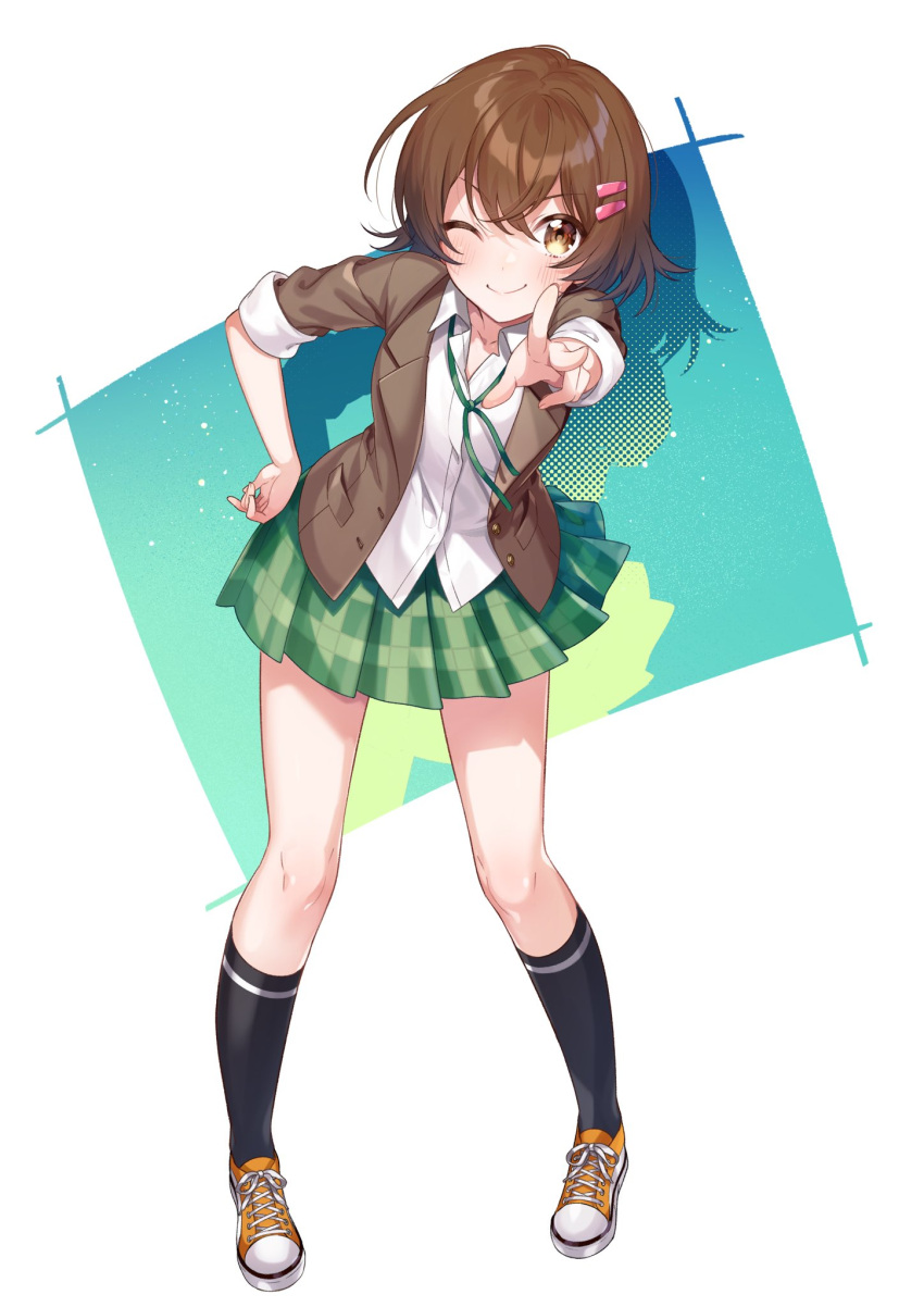 1girl, bangs, black_legwear, blazer, brown_hair, closed_mouth, full_body, hair_ornament