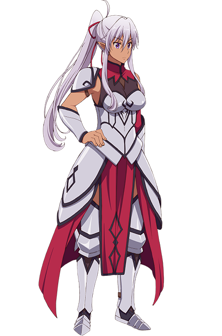 1girl, aisha_udgard, armor, armored_boots, boots, breasts, dark_elf, dark_skin, elf, eyebrows_visible_through_hair, full_body, genjitsu_shugi_yuusha_no_oukoku_saikenki, grey_hair, hair_between_eyes, hand_on_hip, leg_armor, long_hair, medium_breasts, official_art, pointy_ears, ponytail, solo, standing, transparent_background, violet_eyes