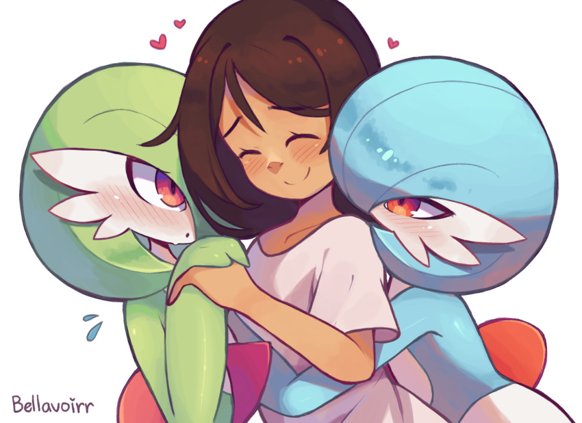 3girls, ^_^, alternate_color, artist_name, artist_self-insert, bangs, bella_(bellavoirr), bellavoirr, blue_hair, blue_skin, blush, bob_cut, breasts, brown_hair, closed_eyes, closed_mouth, collarbone, colored_skin, commentary, dark-skinned_female, dark_skin, english_commentary, eyebrows_visible_through_hair, flat_chest, flying_sweatdrops, gardevoir, gen_3_pokemon, green_hair, green_skin, hair_over_one_eye, hand_up, happy, heart, highres, holding_hands, hug, hug_from_behind, interspecies, long_hair, looking_at_another, multicolored, multicolored_skin, multiple_girls, nose_blush, open_mouth, original, pokemon, pokemon_(creature), red_eyes, shiny, shiny_hair, shiny_pokemon, shiny_skin, shirt, short_hair, short_sleeves, shy, sidelocks, signature, simple_background, small_breasts, smile, sweat, two-tone_skin, upper_body, white_background, white_shirt, white_skin, yuri