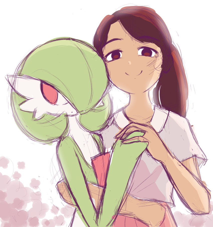 2girls, absurdres, arm_around_waist, artist_self-insert, backlighting, bangs, bella_(bellavoirr), bellavoirr, bob_cut, brown_eyes, brown_hair, closed_mouth, collarbone, colored_skin, commentary, dark-skinned_female, dark_skin, dot_mouth, english_commentary, flat_chest, gardevoir, gen_3_pokemon, green_hair, green_skin, grey_shirt, hair_over_one_eye, half-closed_eyes, hand_up, happy, highres, holding_hands, hug, interlocked_fingers, interspecies, long_hair, looking_at_viewer, looking_away, looking_to_the_side, multicolored, multicolored_skin, multiple_girls, original, pleated_skirt, pokemon, pokemon_(creature), ponytail, red_eyes, red_skirt, shirt, short_hair, short_sleeves, simple_background, sketch, skirt, smile, standing, tied_hair, two-tone_skin, upper_body, white_background, white_skin, yuri
