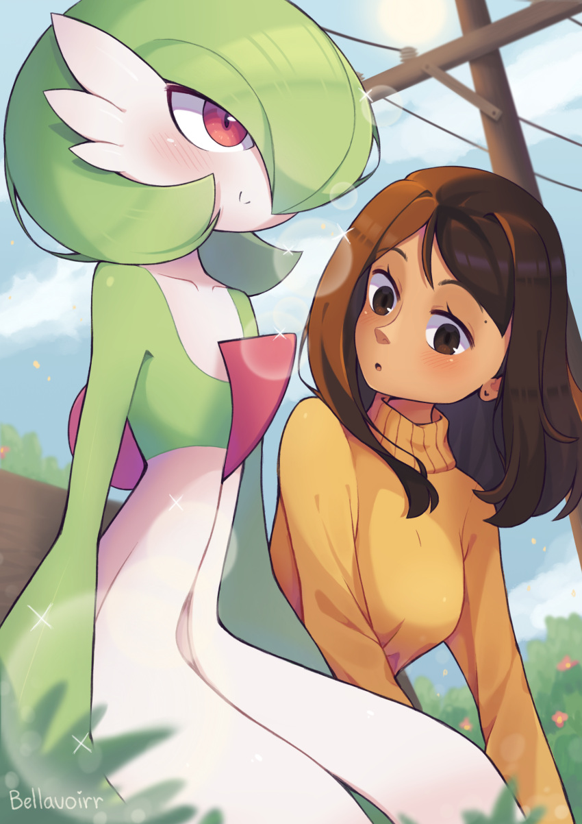 2girls, absurdres, artist_name, artist_self-insert, bangs, bella_(bellavoirr), bellavoirr, blue_sky