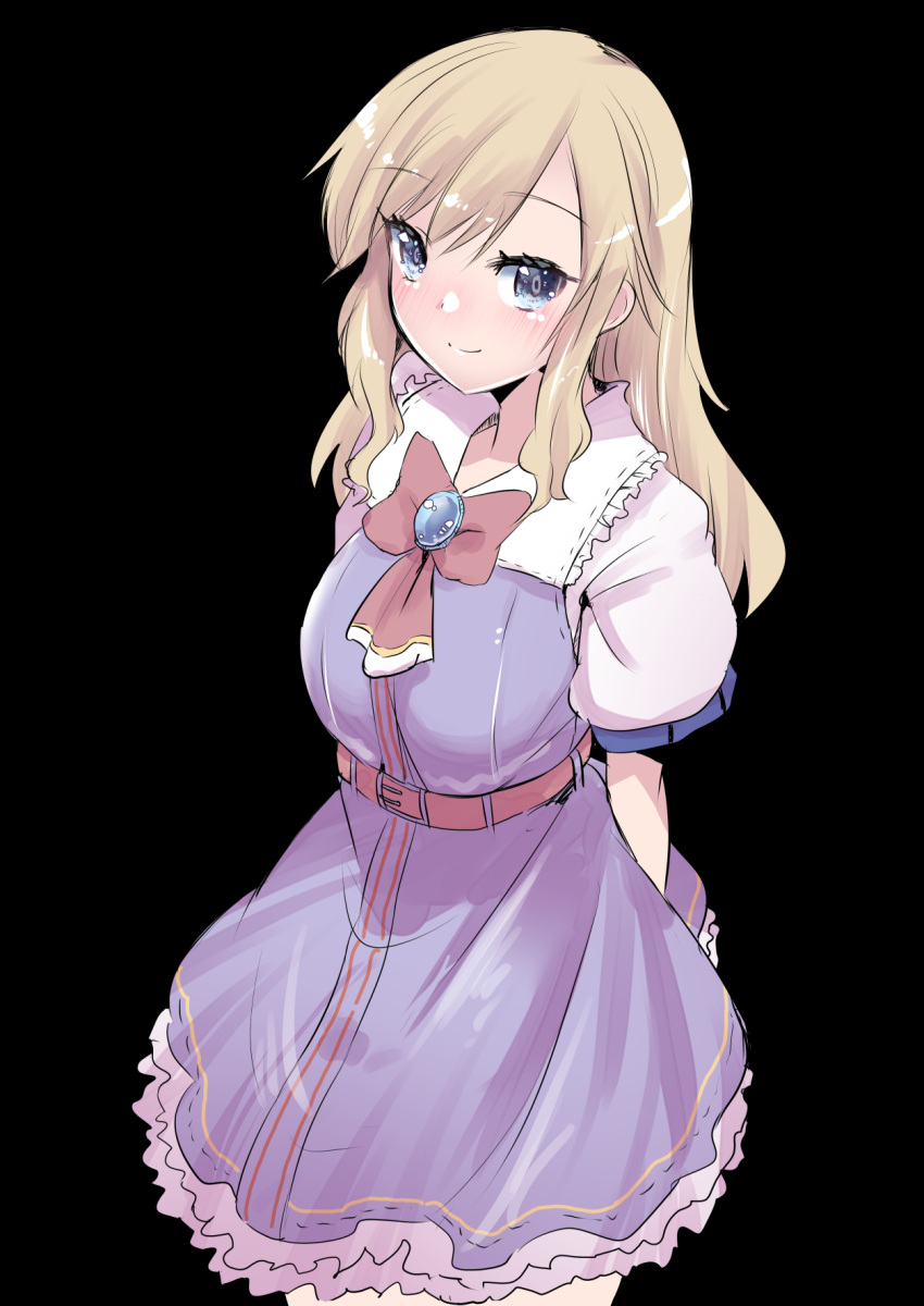 1girl, arms_behind_back, bangs, belt, black_background, blonde_hair, blue_eyes, blush