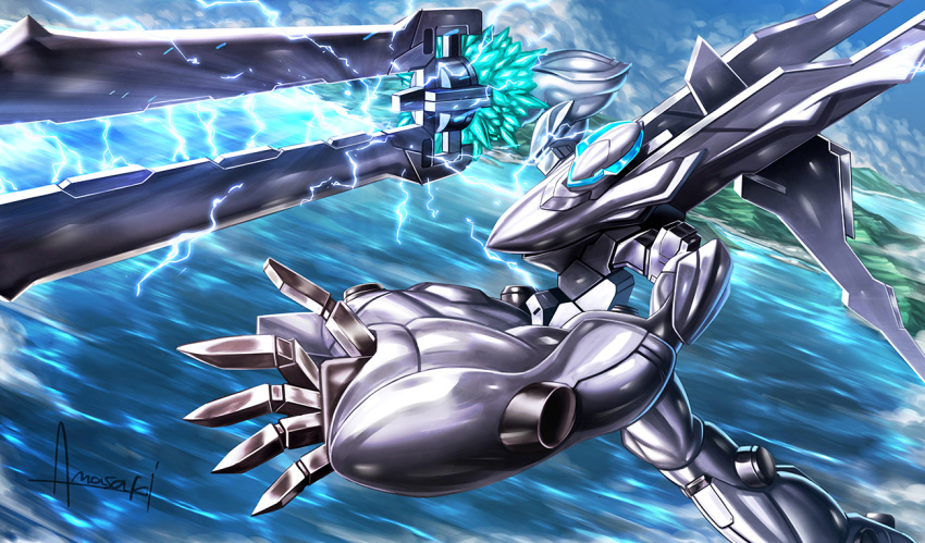 amasaki_yusuke, crystal, flying, holding, holding_sword, holding_weapon, island, looking_ahead, mark_sein, mecha, ocean, open_hand, science_fiction, solo, soukyuu_no_fafner, sword, visor, weapon