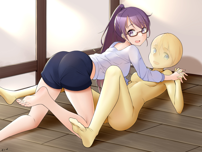 barefoot, blonde_hair, blue_eyes, bodystocking, bodysuit, breasts, character_request, check_character
