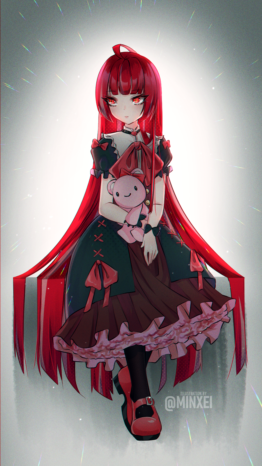 1girl, artist_name, bangs, black_bow, black_dress, bow, dress, english_commentary, eyebrows_visible_through_hair, highres, holding, holding_stuffed_toy, hololive, hololive_indonesia, kureiji_ollie, long_hair, looking_to_the_side, minxei, olivia_(kureiji_ollie), red_bow, red_eyes, red_footwear, redhead, sitting, solo, stuffed_animal, stuffed_toy, teddy_bear, virtual_youtuber, wrist_bow