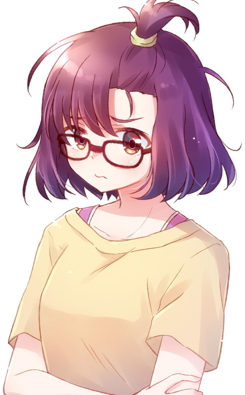 1girl, absurdres, brown_eyes, front_ponytail, glasses, godzilla_(series), godzilla_singular_point, highres, kamino_mei_(singular_point), medium_hair, nyaa_(nnekoron), ponytail, shirt, solo, t-shirt, upper_body, wavy_mouth, white_background
