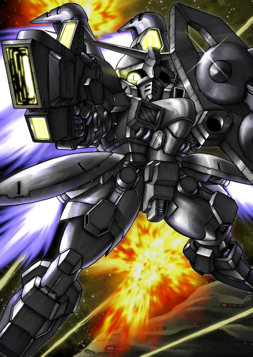 absurdres, amakusa_(mobile_suit), beam_rifle, chibi, crossbone_gundam, energy_gun, explosion, glowing, glowing_eye, gun, gundam, highres, holding, holding_gun, holding_shield, holding_weapon, mecha, one-eyed, science_fiction, shield, solo, v-fin, weapon, yatta070622, yellow_eyes