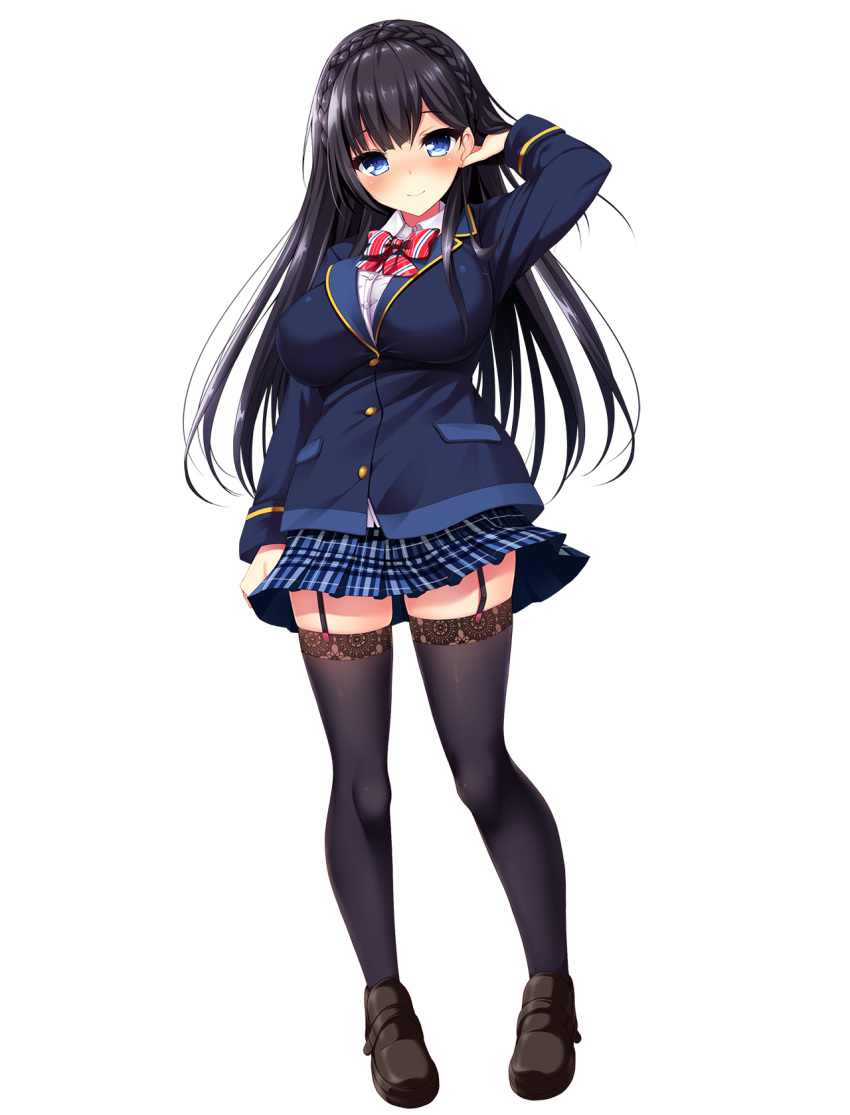 1girl, bangs, black_footwear, black_hair, black_legwear, blazer, blue_eyes, blue_skirt