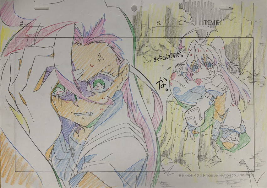 1other, 2girls, absurdres, ahoge, anger_vein, angry, animation_paper, aozora_middle_school_uniform